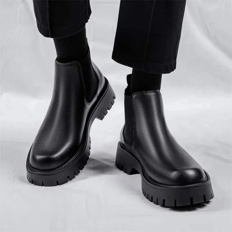 Scarpe da lavoro impermeabili con suola spessa da uomo in stile britannico, moda casual, classiche, in pelle, comode, con punta tonda e punta alta_voghion.com