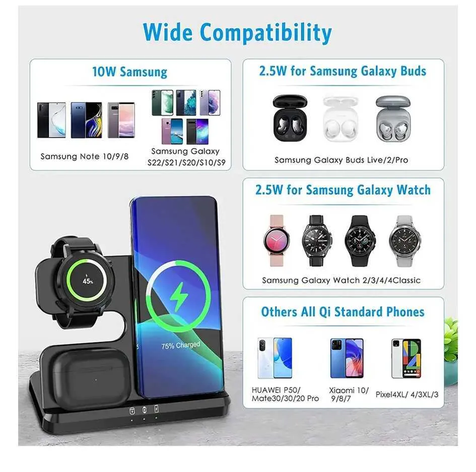 15W 3-in-1 Station Suitable For S23 S22 IPhone 15 14 13 Galaxy Watch 4 3 Earphones 2 Fast Wireless Charger Y241118_voghion.com