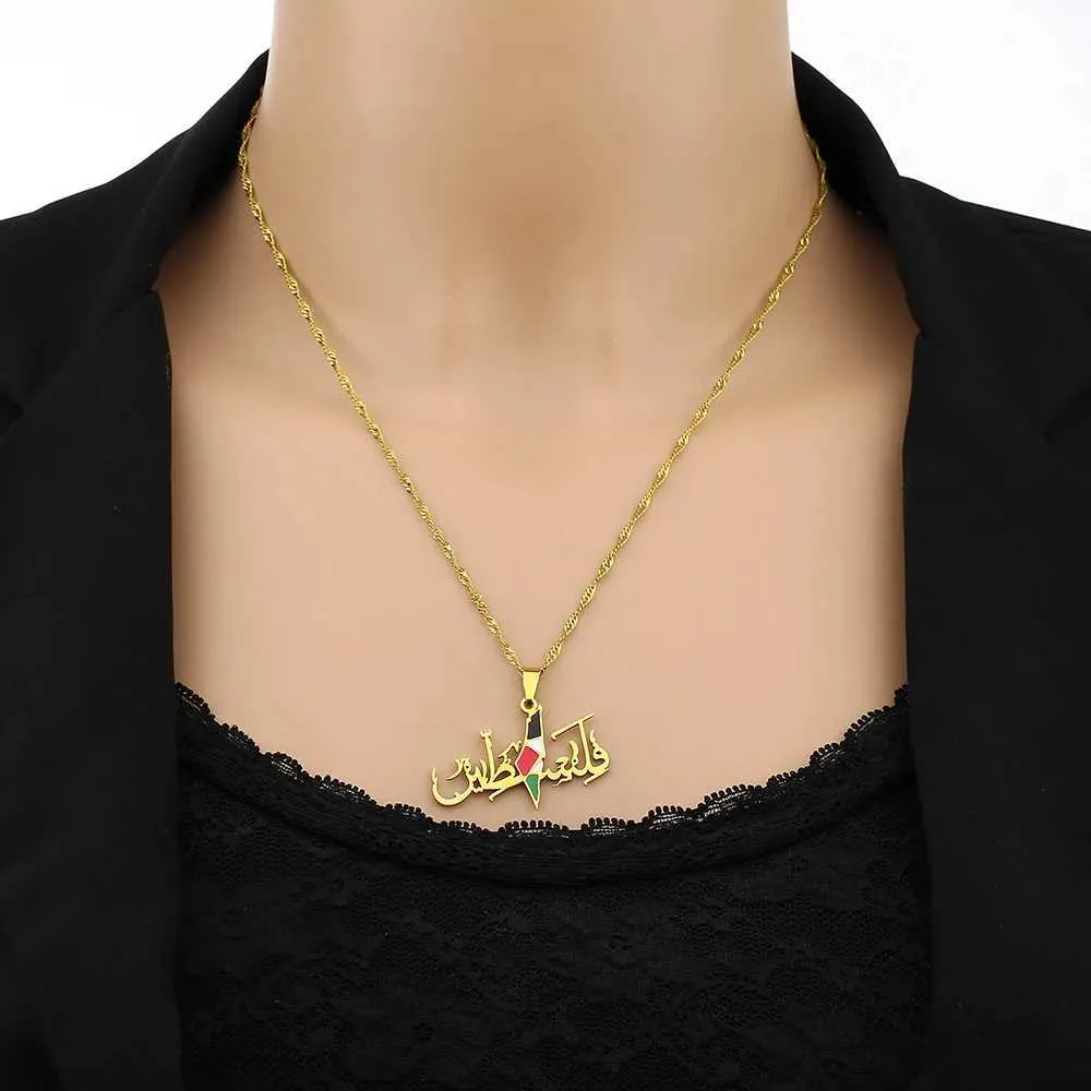 Collier pendentif drapeau palestine acier inoxydable or ethnique_voghion.com