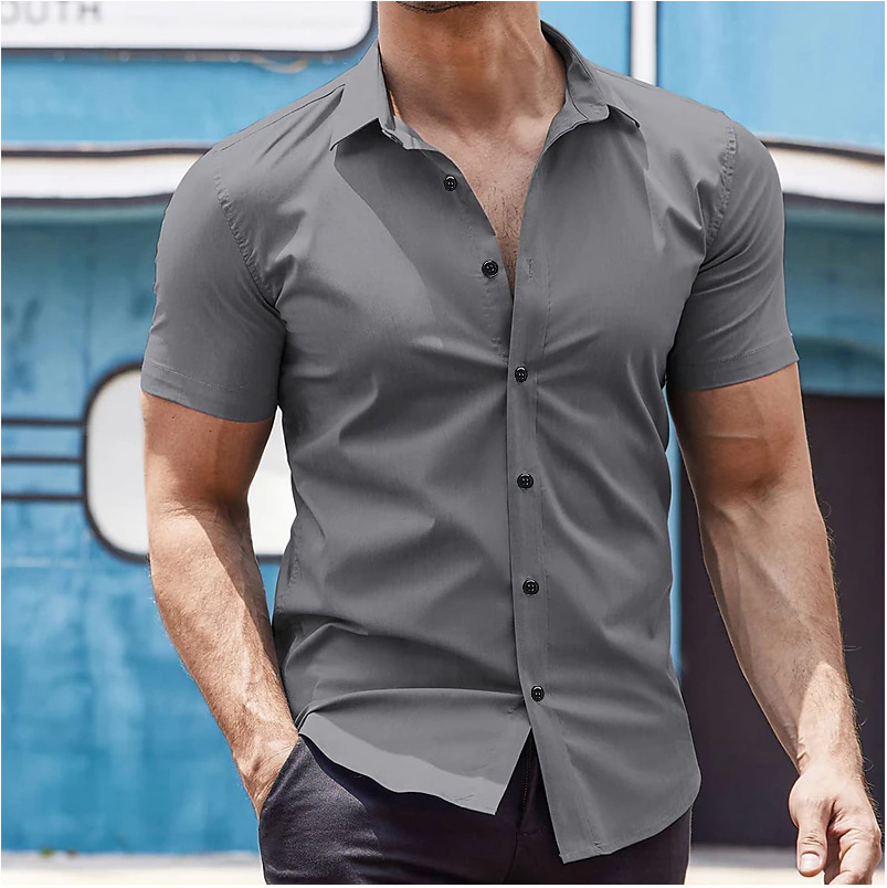 Men's Clothing Summer New Men's Short Sleeved Solid Color Shirt Youth Fashion Home Casual Cardigan Shirt Cross Border_voghion.com