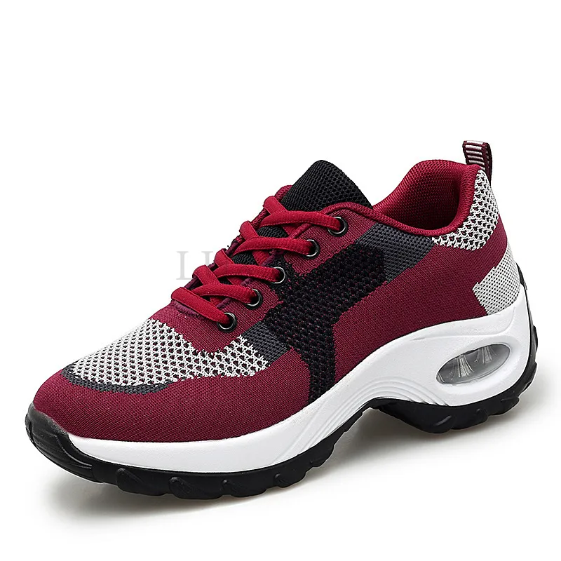 Mesh Air Cushion Cushioning Thick Sole High Heel Women Sports With Soft Lace Up Suitable For Outdoor Fiess Travel Shoes_voghion.com