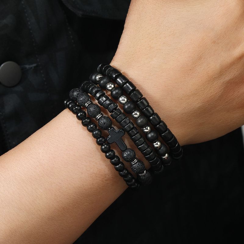 Fashion Dark Style Alloy Cross Wooden Bead E-commerce Men's Volcanic Stone Beaded Bracelet_voghion.com