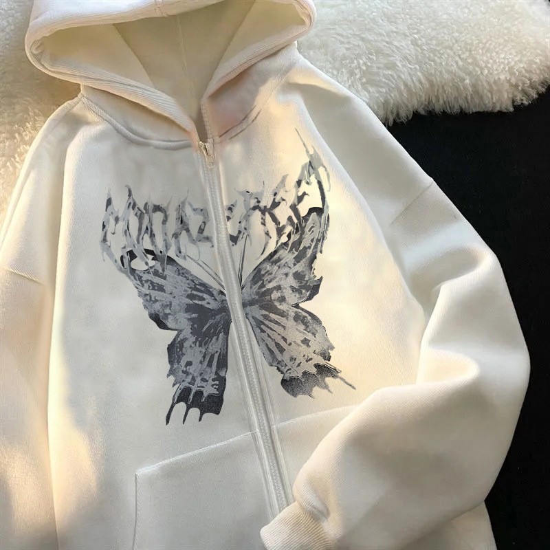 Men's Gothic Zip-up Hoodie Butterfly Print Sports Sweatshirt_voghion.com