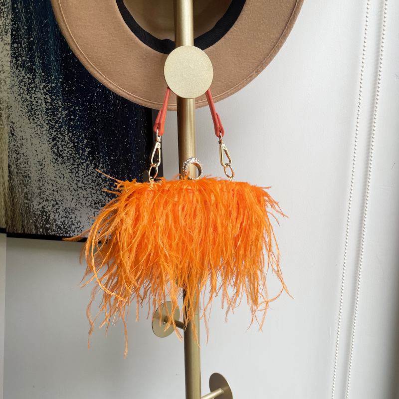 Rose Red Ostrich Feather Ring Box Small Square PU Chain Crossbody Shoulder Plush Women's Bag_voghion.com