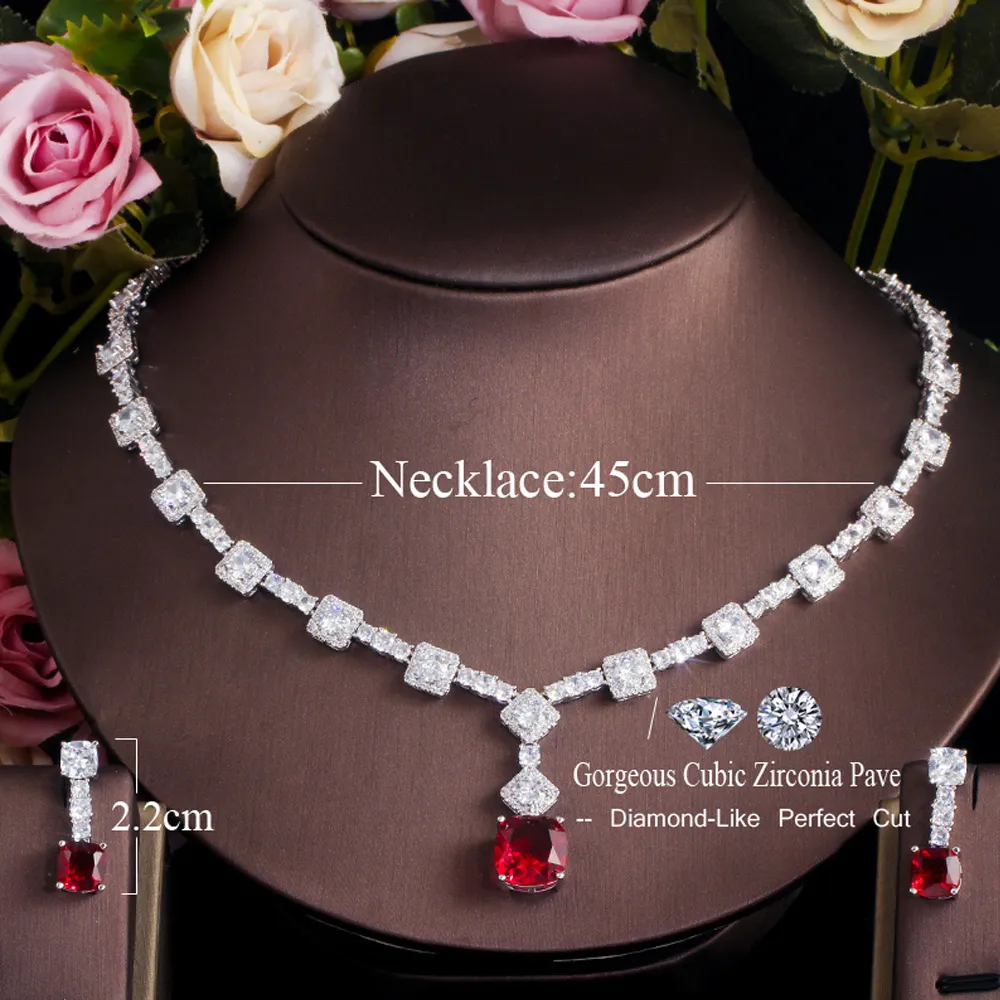 ThreeGraces Elegant Gul CZ Krystal Sier Farve Store Firkantede Dråbeøreringe Halskæde Bryllupsfest Smykkesæt til Kvinder_voghion.com