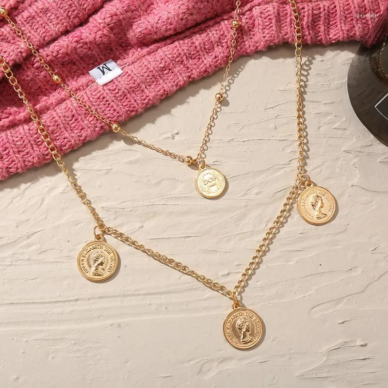Colliers pendentifs pour femmes, double couche, chaîne de clavicule, simplicité, géométrique, multi-relief, portrait, pièce de monnaie pour femmes_voghion.com