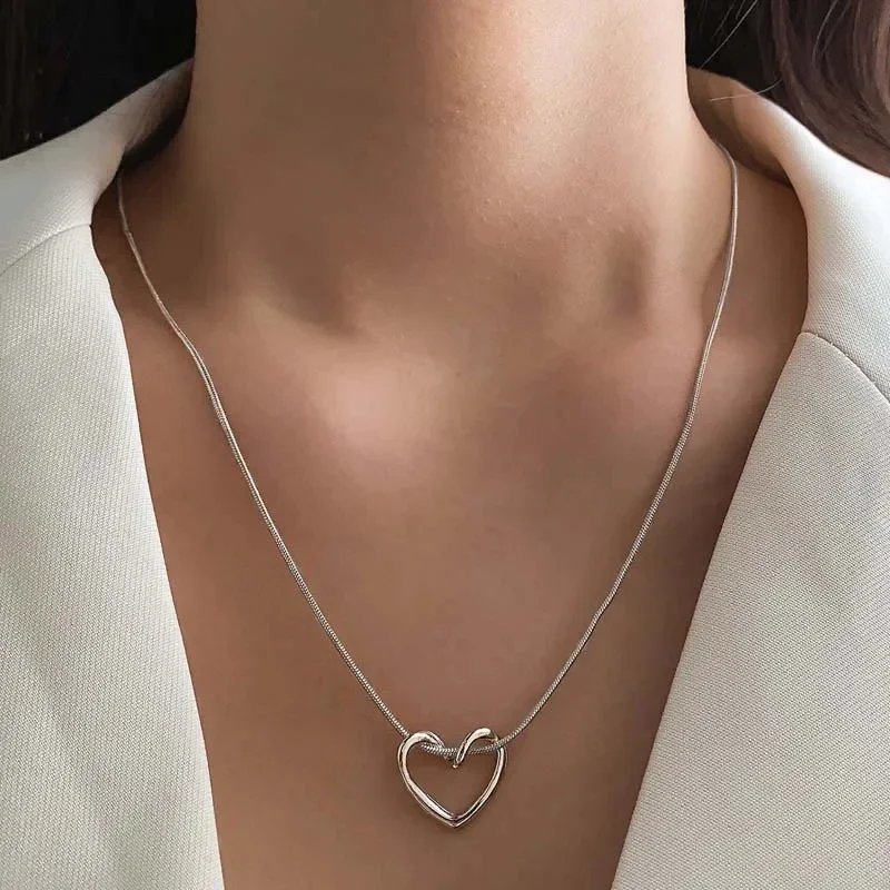 Heart Pendant Necklace Silver Geometric Clavicle Chain Jewellery_voghion.com