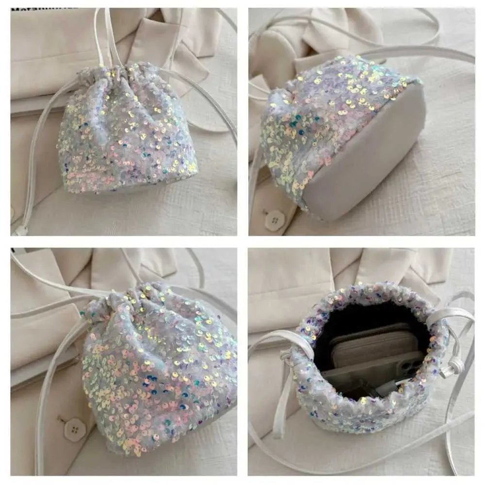 Borsa a tracolla con paillettes versatile alla moda, semplice e alla moda, piccola borsa a mano con coulisse, borsa a secchiello da festa_voghion.com