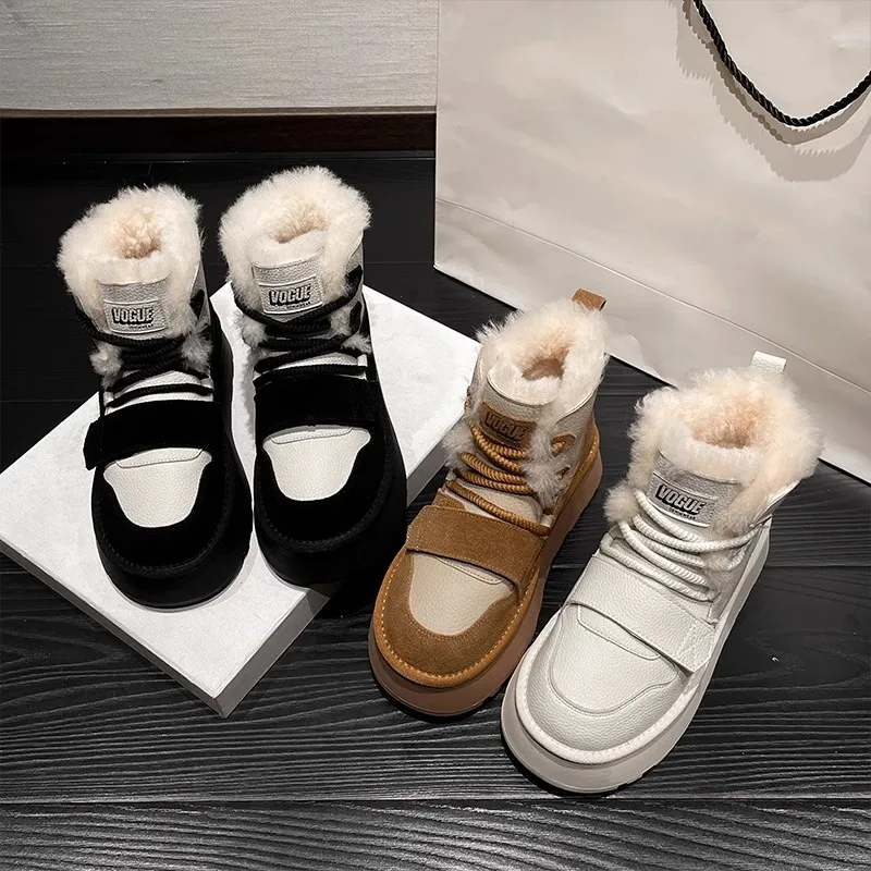 Women's Boots:Fashion Simple Design Lace-up Round Toe Thick Sole Snow Boots Fleece Winter Warm 2024_voghion.com
