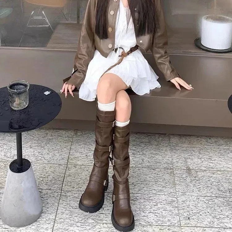 Bottes au genou pour femmes automne boucle de ceinture épaisse robe d'extérieur talons hauts pour femmes atos 241007_voghion.com