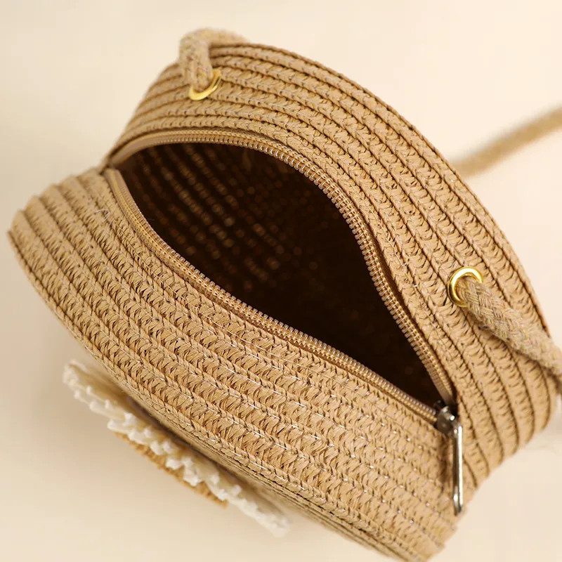 Borsa a tracolla da spiaggia intrecciata in paglia con fiori rotondi per donna, borsa a tracolla in rattan lavorata a mano e lavorata a maglia, colore caramella_voghion.com