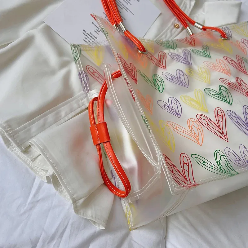 Heart Pattern Clear Pvc Tote Bag And Shoulder Bag Set For Summer_voghion.com