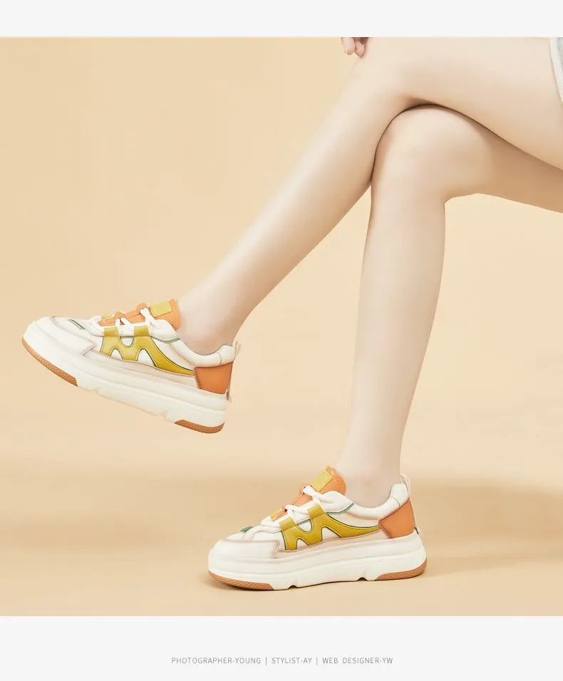 Genuine Leather Thick Soled Round Toe Low Top Skateboarding Casual Fashionable Versatile And Cute Sports Shoes_voghion.com