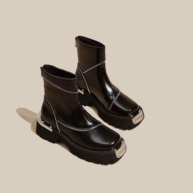 Ruoji Martin-Stiefel mit dicker Sohle für Damen im Herbst und Winter, neue Stiefel mit quadratischer Zehenpartie im britischen Stil, funktionaler Stil aus Metall_voghion.com