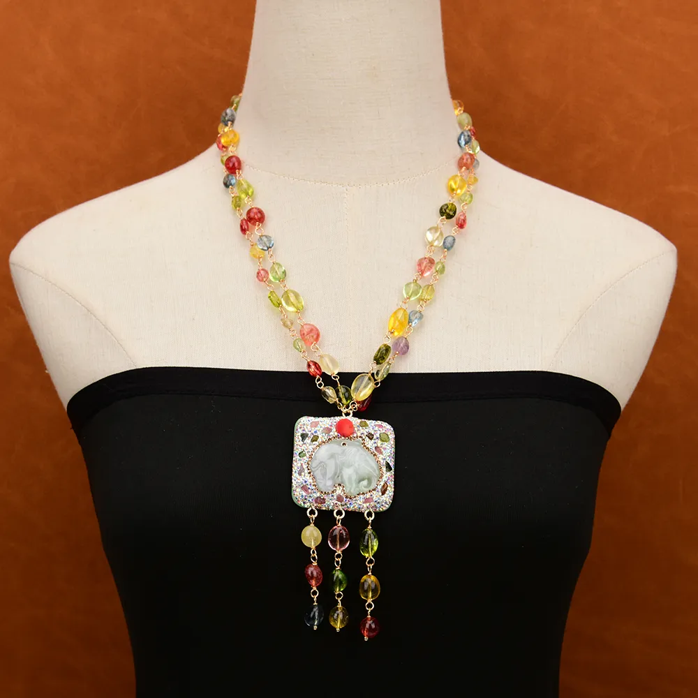Pendant Necklaces GG Jewelry 2 Rows Mix Color Natural Crystal Smooth Net Stone Necklace Jadeite Carved Elephant_voghion.com