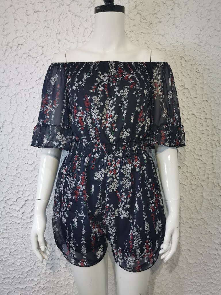 Kurzärmliger, lockerer, einfarbiger Chiffon-Overall für Damen_voghion.com