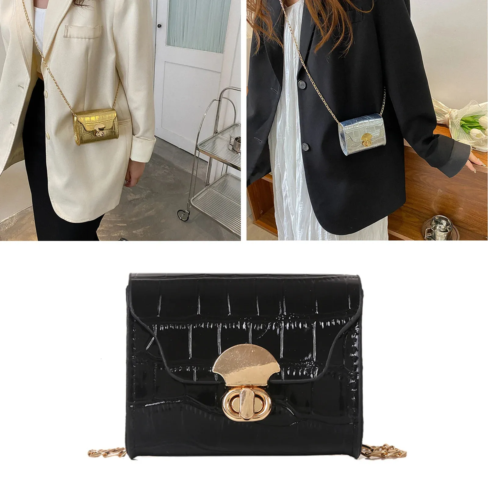 Koreanischen Stil Leder Helle Oberfläche Schulter Kette Mini Umhängetasche Mode Metall Schnalle Kleine Brieftasche Lippenstift Tasche_voghion.com