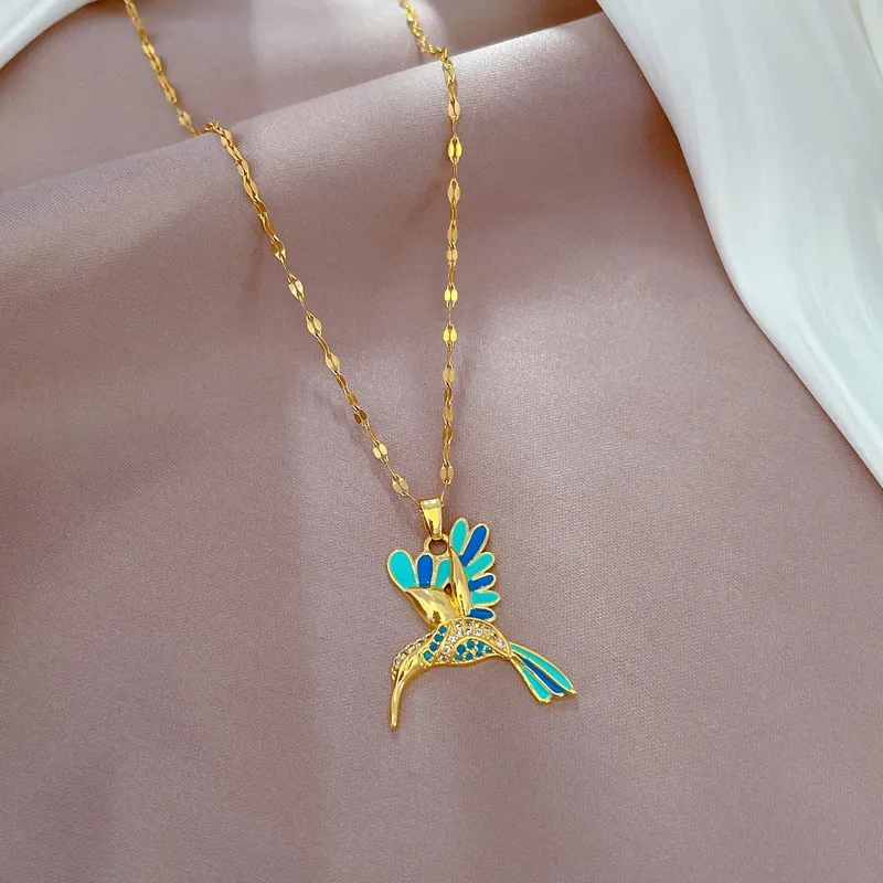 Catene di cristallo colibrì collane per le donne gioielli di moda color oro smaltato uccelli animali ciondolo choker collares_voghion.com