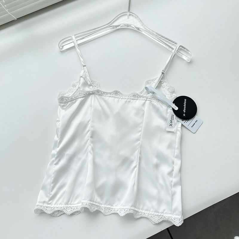 Nouveau haut d'été en satin et dentelle blanche pour femme, coupe slim, petit caraco à boutons, 3403_voghion.com