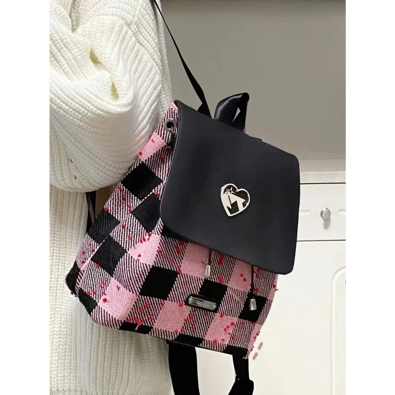 Japa Cavas Drawstrig Backpack Preppy Style Cute Plaid Prit Bag Studet Casual High Capacity Small Tote Bags For_voghion.com