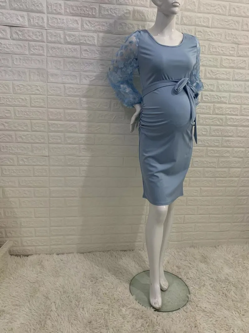 Women Flower Sleeved Photography Props Stretch Long Maternity Dresses for Pregnant Photo Shoot Clothing_voghion.com