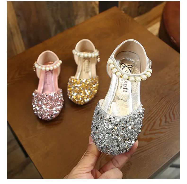 Girl Princess Sequins Pearl Sier Gold Pink Summer Spring Girls Sandals Cover Toe Toddler Fashion Party Dance Cutefeet_voghion.com