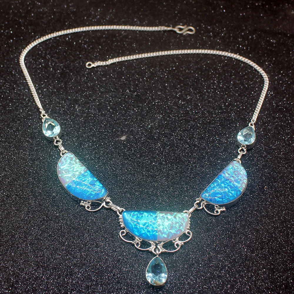 Collane con ciondolo Elegante Moda Vetro dicroico Topazio blu Regali Argento Colore Donne Collana Catena 20 Pollici HD600_voghion.com
