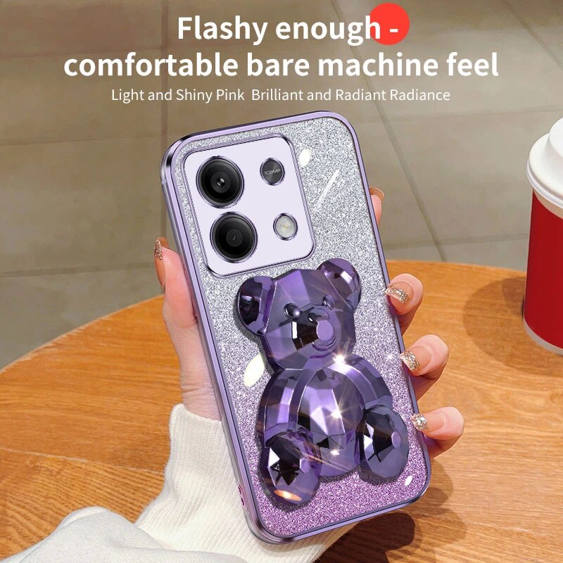 note13 pro Glitter Plating Bear Holder Case On For Xiaomi Redmi Note Pro note13pro redmi 13C 4G 5G Stand Cover note 13_voghion.com