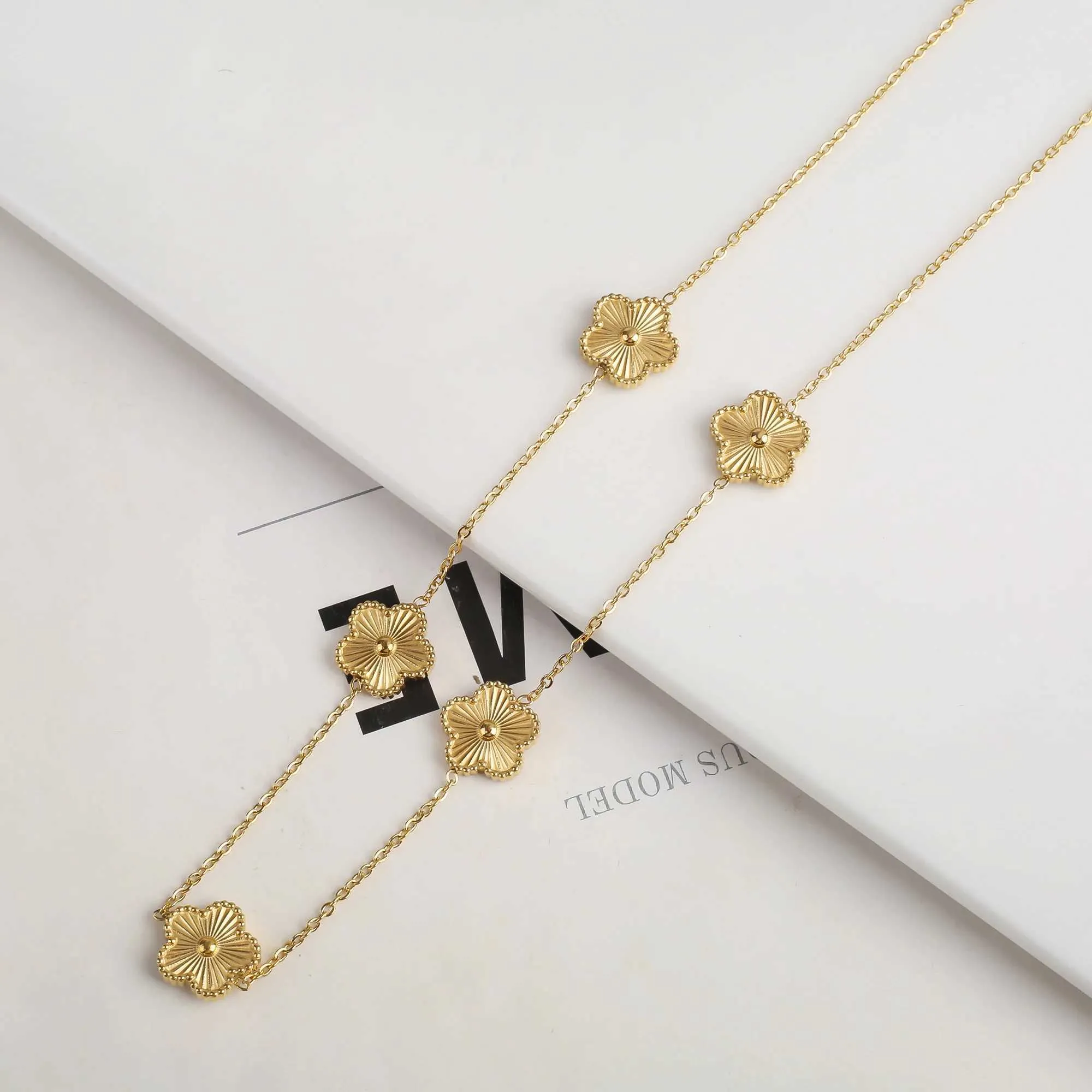 Wedding Jewelry Sets Rose Gold Plated Shiny Metal Plant Five Leaf Flower Plum Blossom Set For Women Stainless Steel High_voghion.com