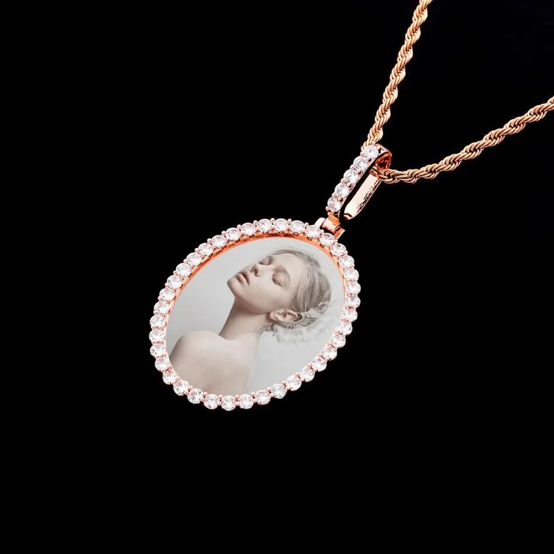 Rožu zelta pārklājuma apledojuma kubiskā cirkonija ovāla pasūtījuma foto piemiņas kaklarota personalizēta Bling dimanta DIY atmiņa_voghion.com