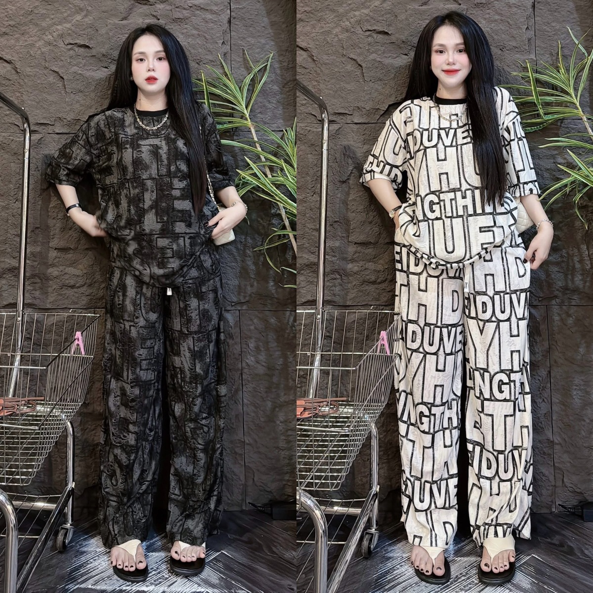 Southeast Asian American Retro Fashion Women’s Summer Two-Piece Set Wide Leg Pants Short Sleeve Casual Suit with Letter Print