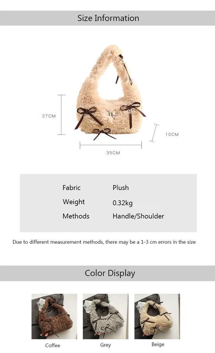 Sac à main en peluche douce pour femme, solide, moelleux, nœuds, appliques, épaule, femme, automne, hiver, mignon, sous les aisselles, paquets, poignée, dame_voghion.com