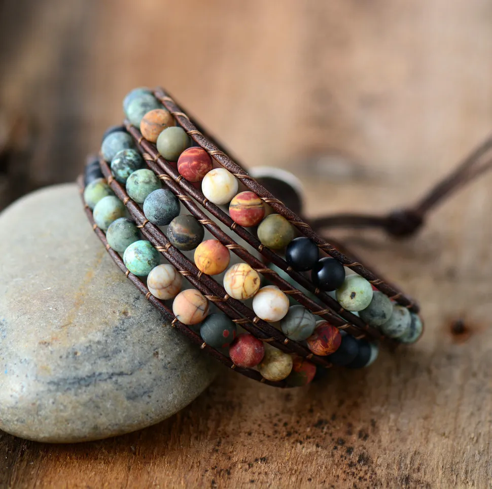 Pulsera tejida multicapa estilo bohemio con 3 hebras de piedra mate de 6 mm y cuero vintage, joyería hecha a mano, envío directo_voghion.com