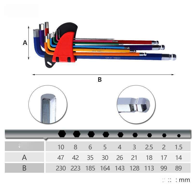 Sechskantschlüsselsatz, Farbiger Chrom-Vanadium-Stahl, Verlängerter Schraubenschlüssel, Kugelförmiger Flachkopf, Pflaumenblüte, Reisförmig,_voghion.com