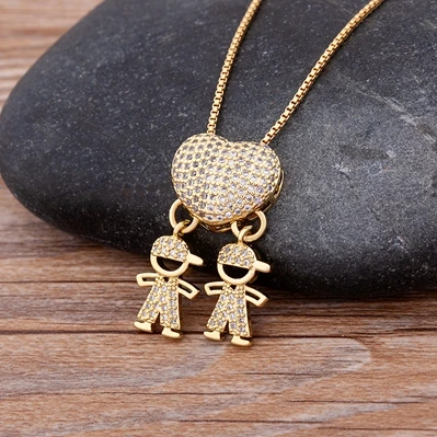 Nidin Hot Sale Son Daughter Heart Gold Color Cubic Zirconia Family Girl Boy Pendant Necklace Chain Jewelry For Mother_voghion.com