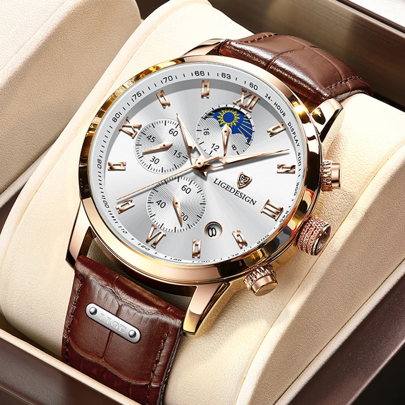 Casual Moon Phase Quartz Watch For Men With Leather Strap_voghion.com