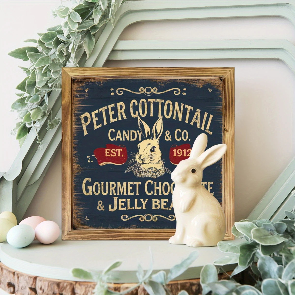Vintage 'Peter Cottontail Candy Co.' Wooden Sign - 8x8" Farmhouse Wall Art. Perfect For Kitchen, Office Or As A Housewarming Gift._voghion.com