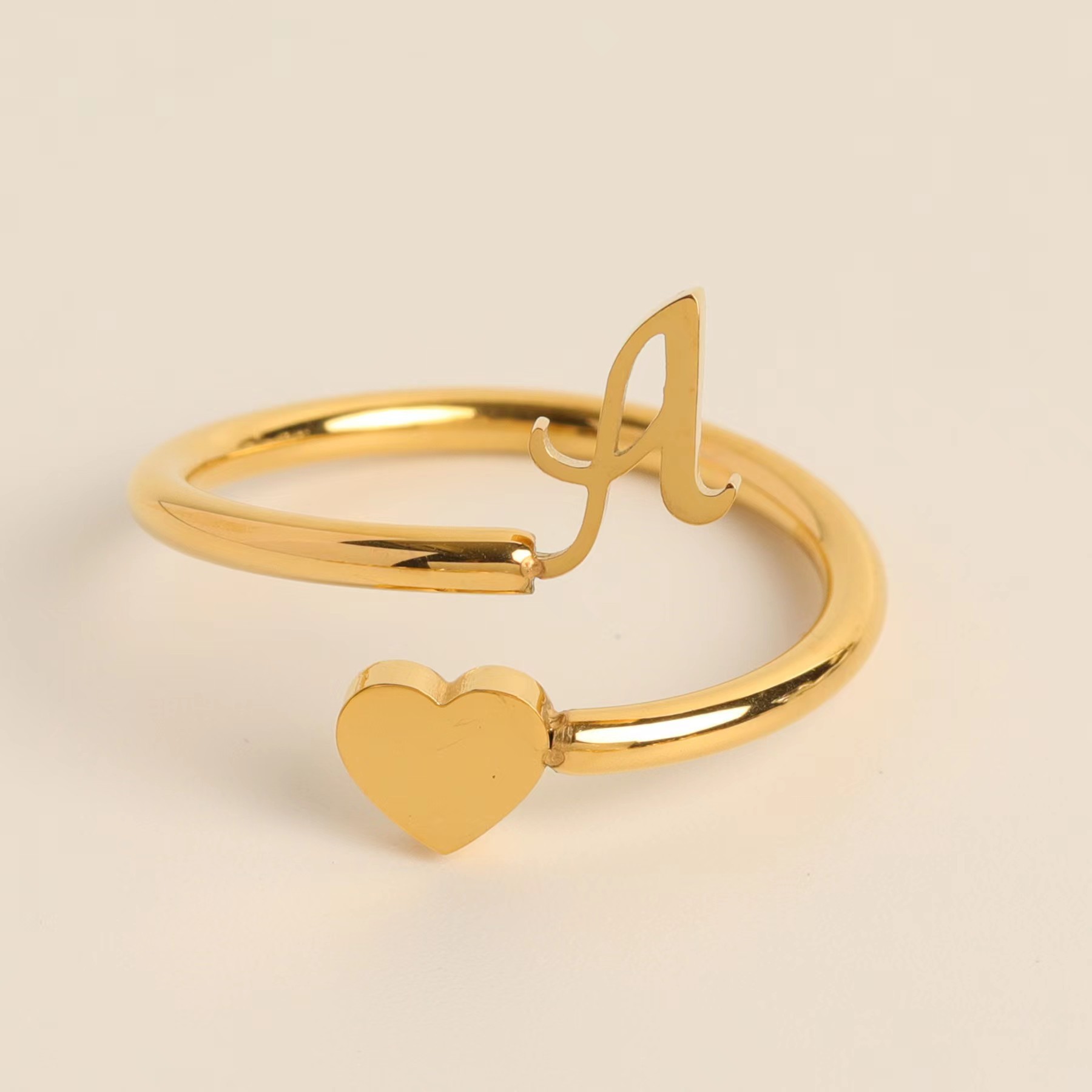 Initial simple letter ring three-dimensional heart-shaped tail ring with adjustable opening，Hot sale