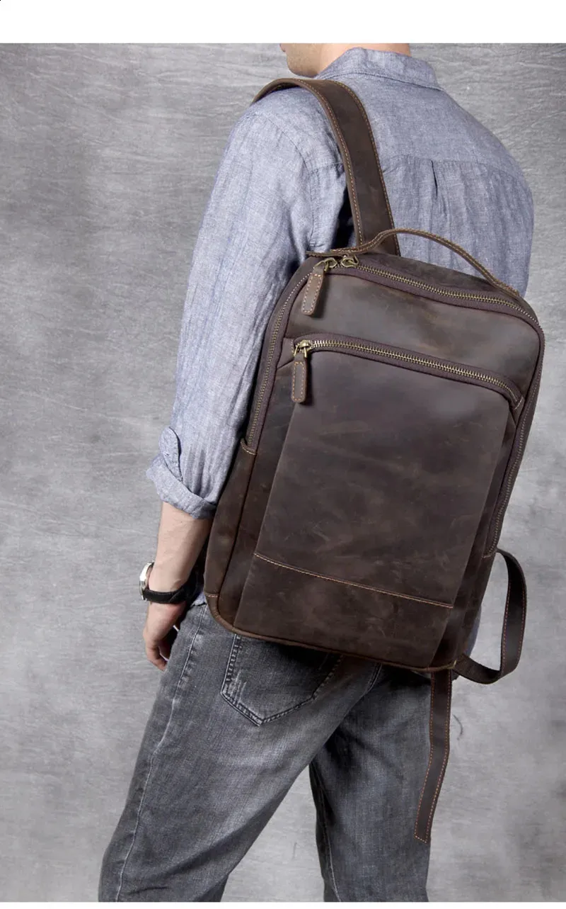 Vintage Mens Crazy Horse Leather genuine leather Retro Rucksack Large Classic Travel Backpack Big laptop computer bag_voghion.com