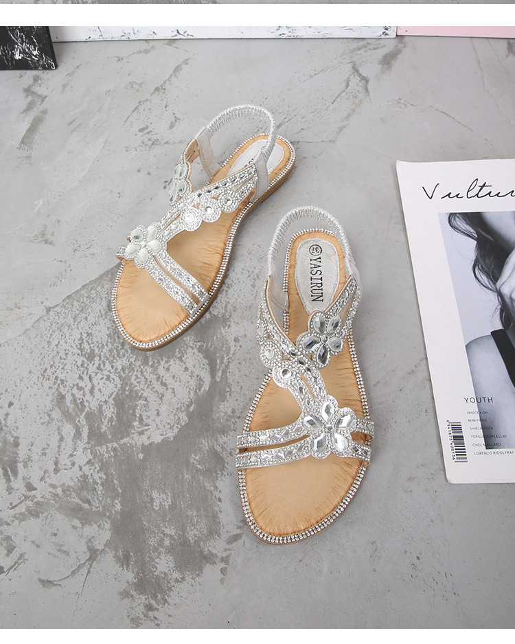 Large Size Hollow Sandals Women's Summer Comfortable Flat Rhinestone Sandals_voghion.com