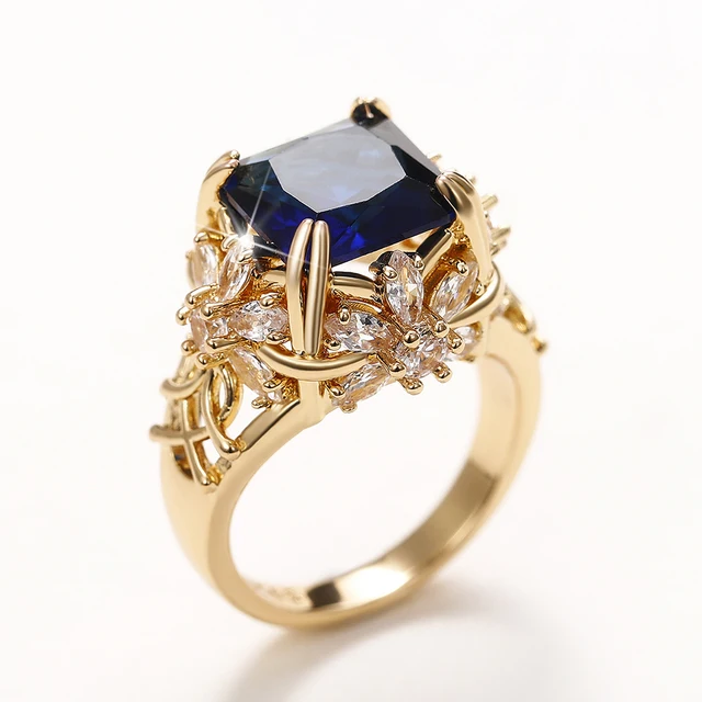 Vente chaude Huitan Square Blue Cubic Zirconia Gold Color Women Rings Incrusté de Cristal Brillant CZ Magnifique Bague pour Garçon Vintage_voghion.com