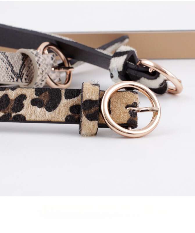 Ceinture fine décorative pour femme en jean avec boucle ronde et motif serpent à rayures léopard_voghion.com