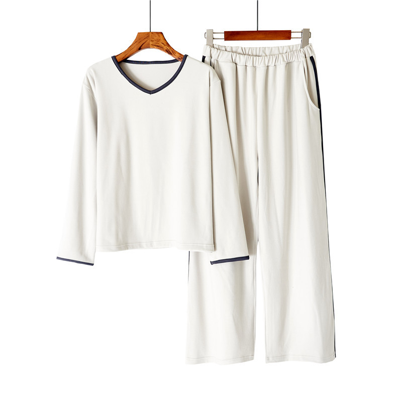 Fløjl pyjamas sæt til kvinder v-hals pullover hjemmetøj sæt_voghion.com