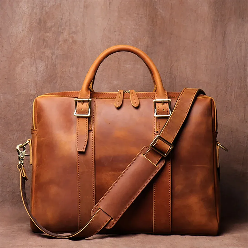 Vintage Man Handbag Briefcase Men Shoulder Genuine Leather Bags Brown Business Fashion 14 Inch Laptop_voghion.com