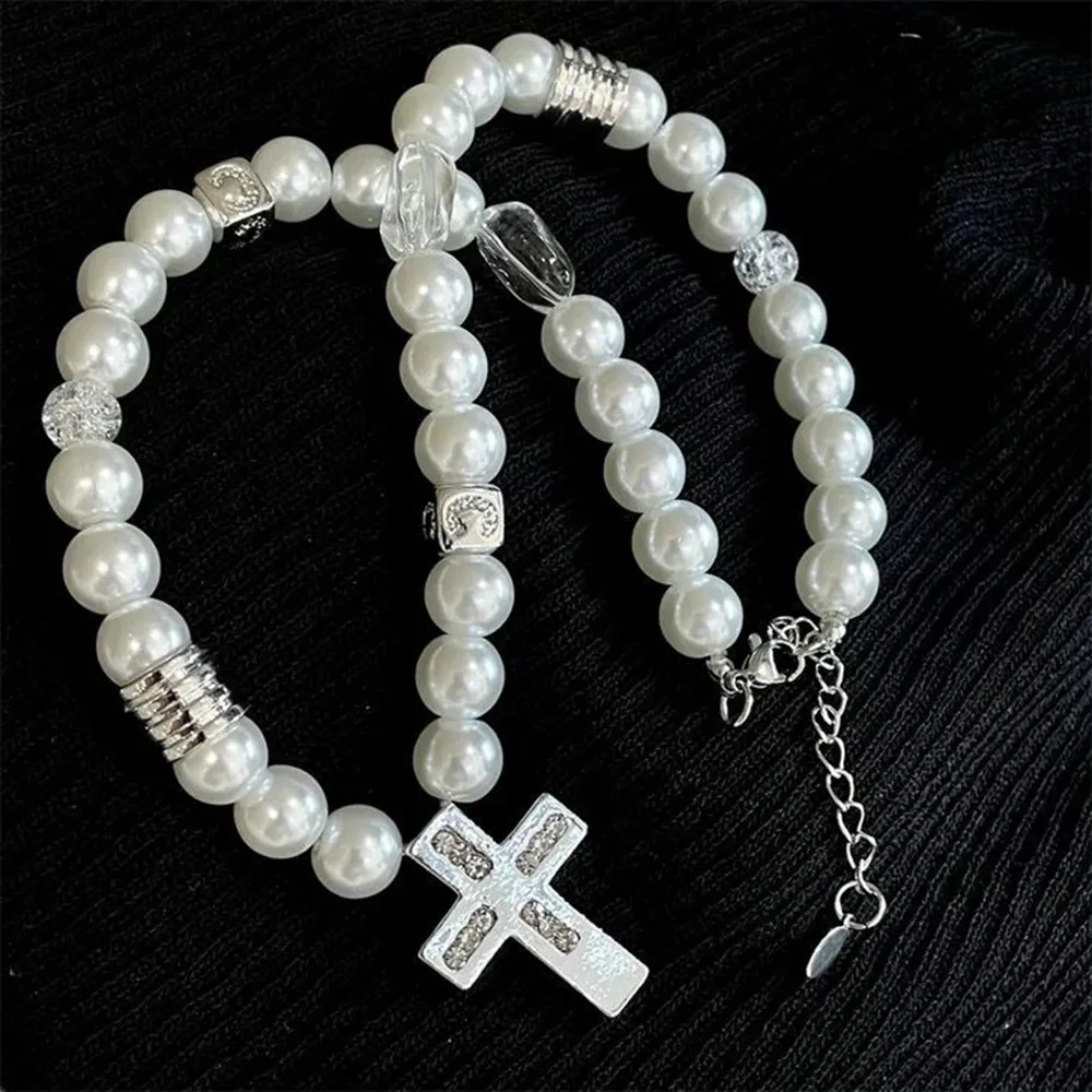 Edelstahl Kreuz Perlenkette Für Damen Und Herren Modeschmuck_voghion.com