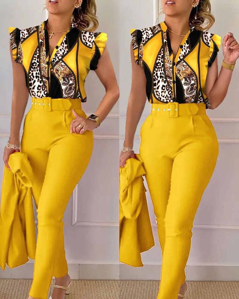 Women's Fashion Casual Lotus Leaf Sleeve Vest Two-piece Suit Women's Clothing_voghion.com