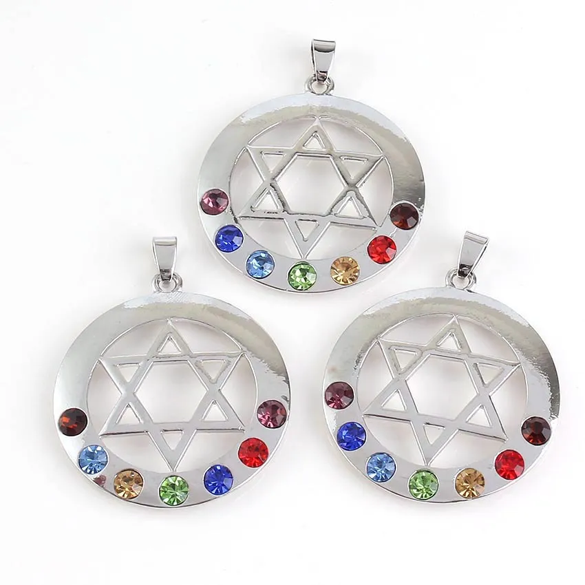 Colliers pendentifs Xinshangmie plaqué argent étoile de David amulette ronde bouclier de protection Reiki 7 cristal strass Chakra_voghion.com
