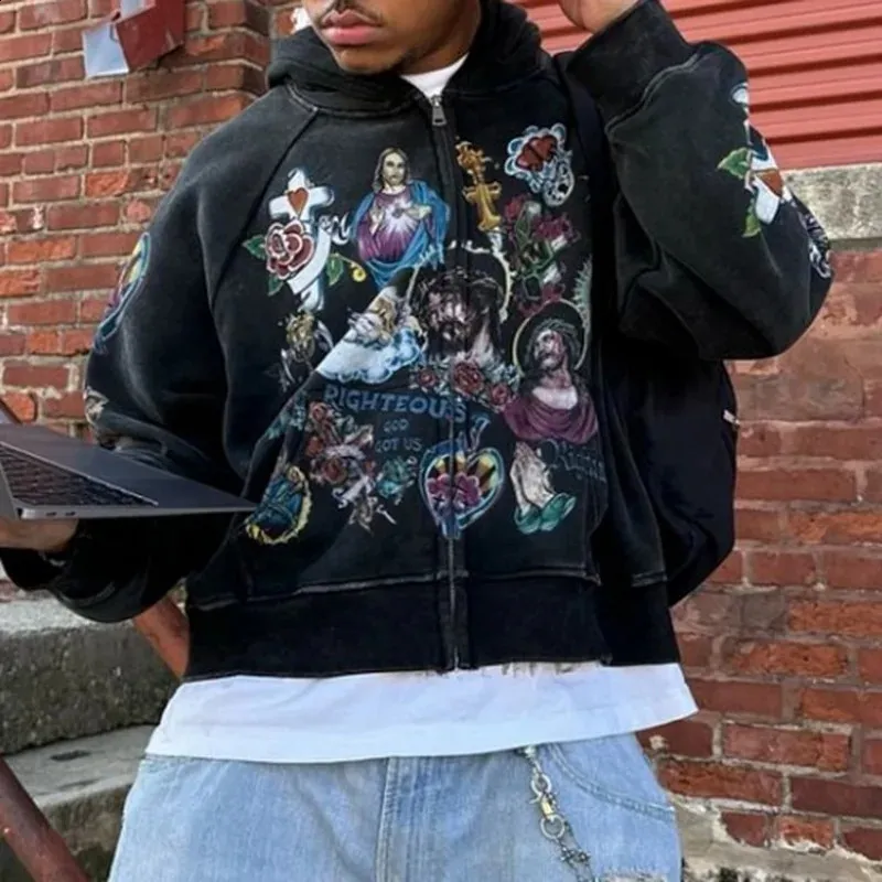 Vintage Risen King Graphic Print Oversized Zip-Up Hoodie Men Y2K Autumn Long Sleeves Casual Sweatshirt Streetwear Women_voghion.com