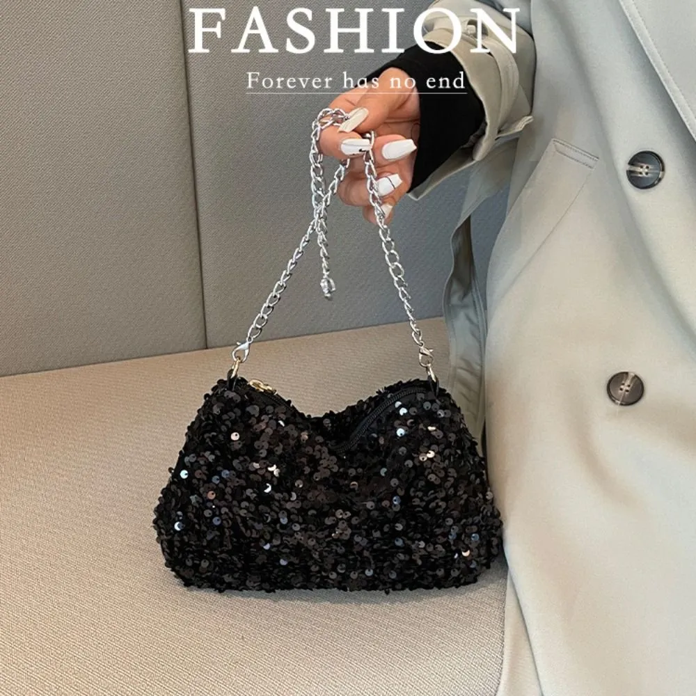Borsa a tracolla con catena, tinta unita, stile coreano, con paillettes, per telefono, da sera, per cena e feste_voghion.com