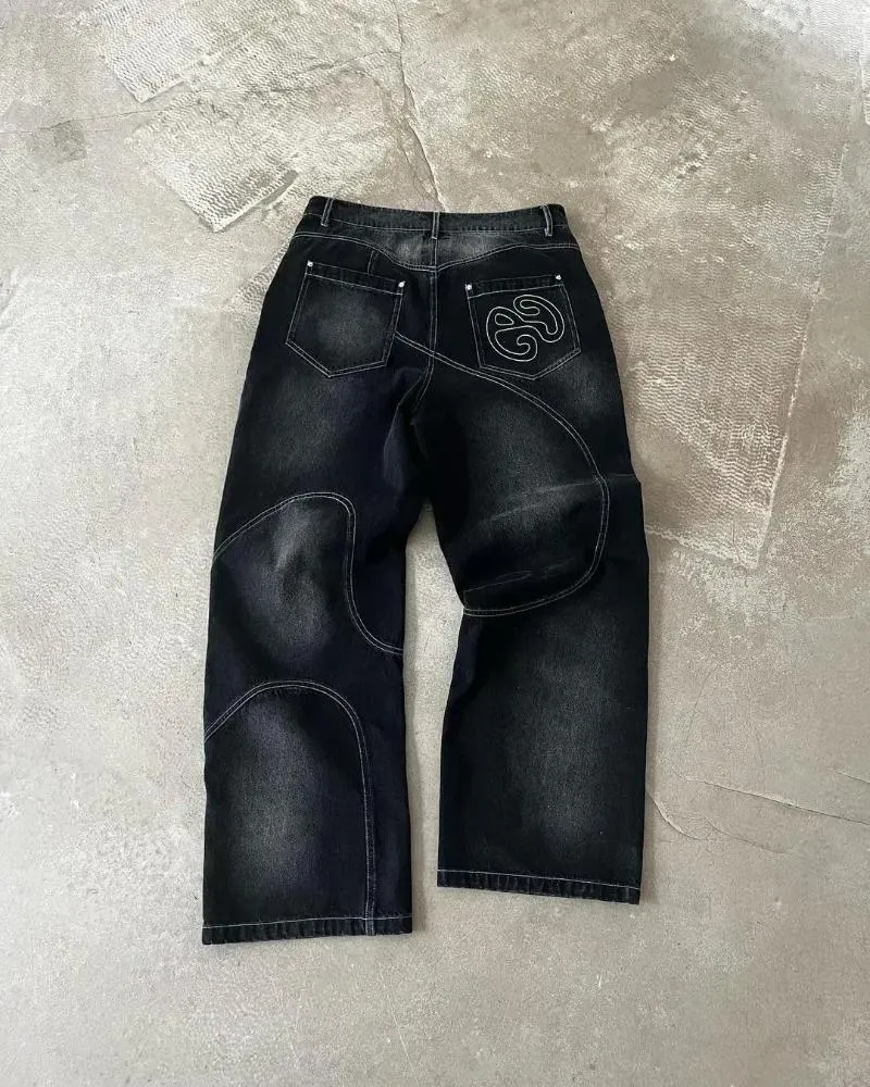 Jeans pour hommes Y2k Vintage Baggy pour hommes Hip Hop Distressed Retro Pantalon noir surdimensionné Haruku Gothic Pantalon large_voghion.com